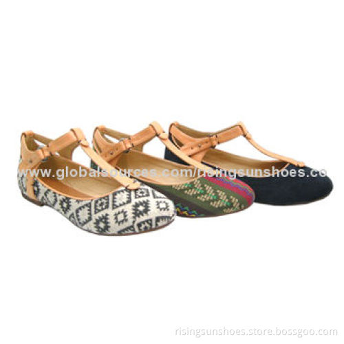 Women's Flat Casual Shoes, Tribal Print Fabric Upper, with T-bar Tape, Various Colors/Designs/Sizes